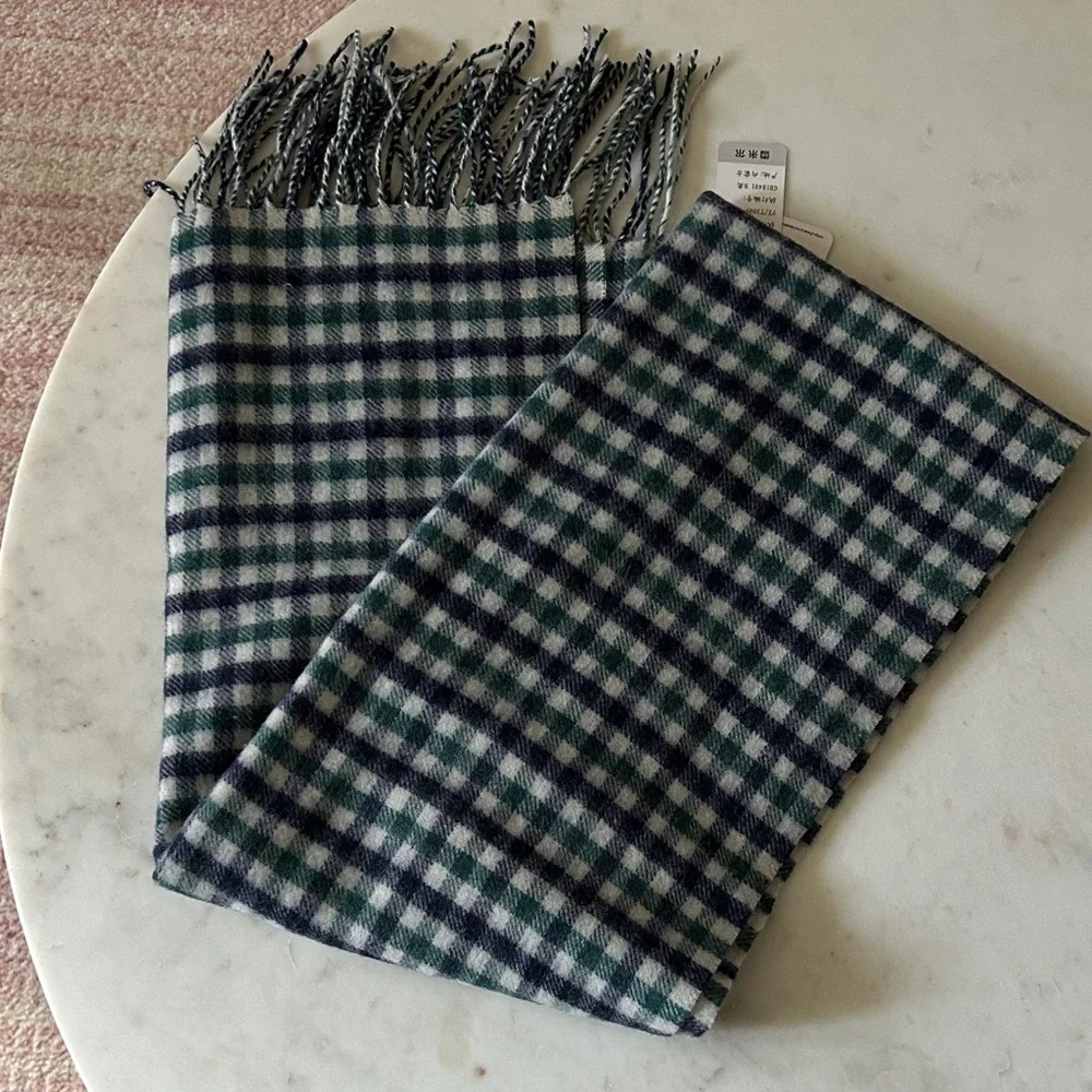 Plaid wool fringe scarf blue and green‎ 12x70 UNISEX
